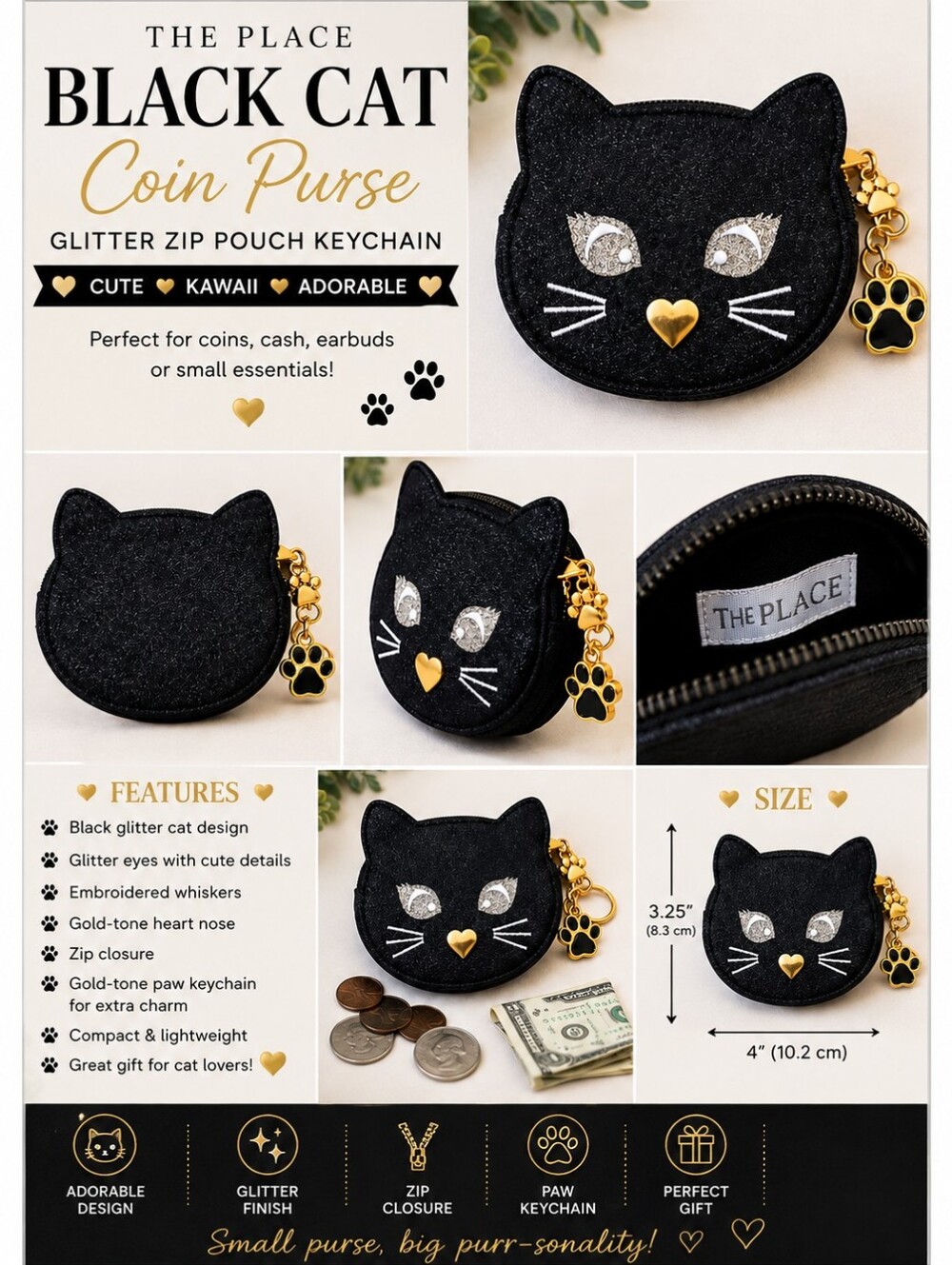 The Place Black Cat Coin Purse Glitter Zip Pouch Keychain Cute Kawaii